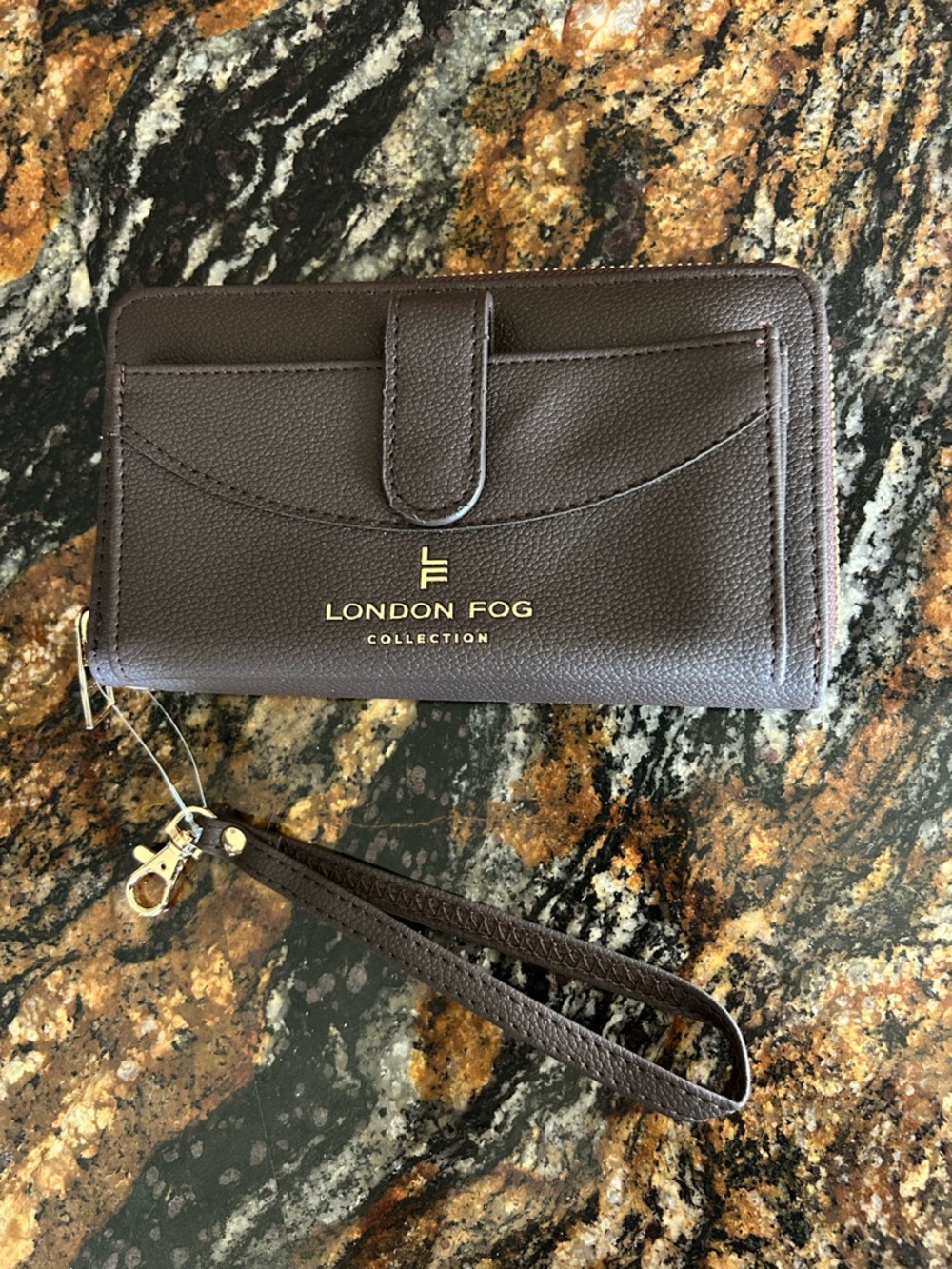 London Fog Dark Brown Pebble Wristlet Wallet with Gold Logo
